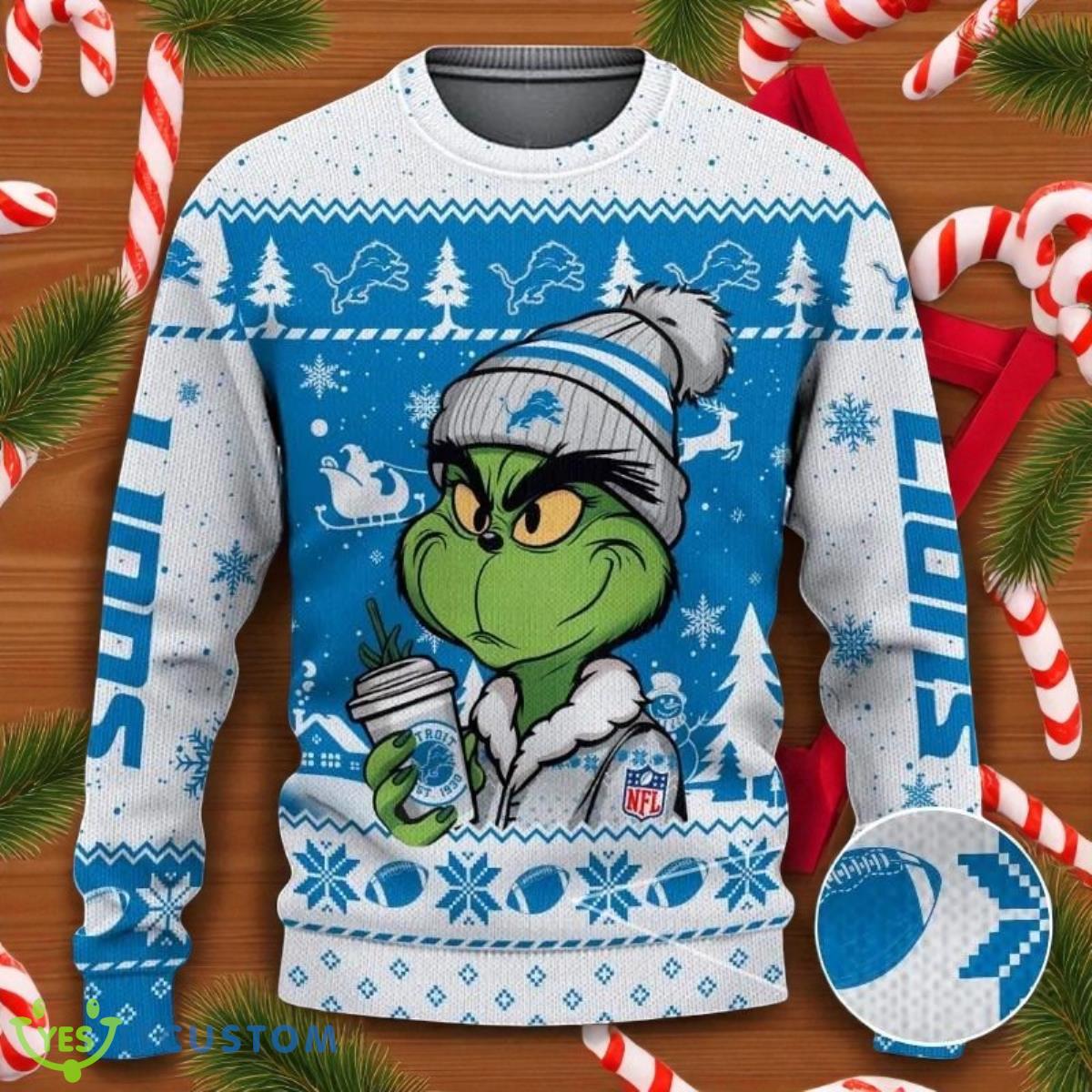The Grinch Drink Coffee Detroit Lions Ugly Christmas Sweater NFL Fans Sport Christmas Sweater 2 The Grinch Drink Coffee Detroit Lions Ugly Christmas Sweater NFL Fans Sport Christmas Sweater Product Photo 1