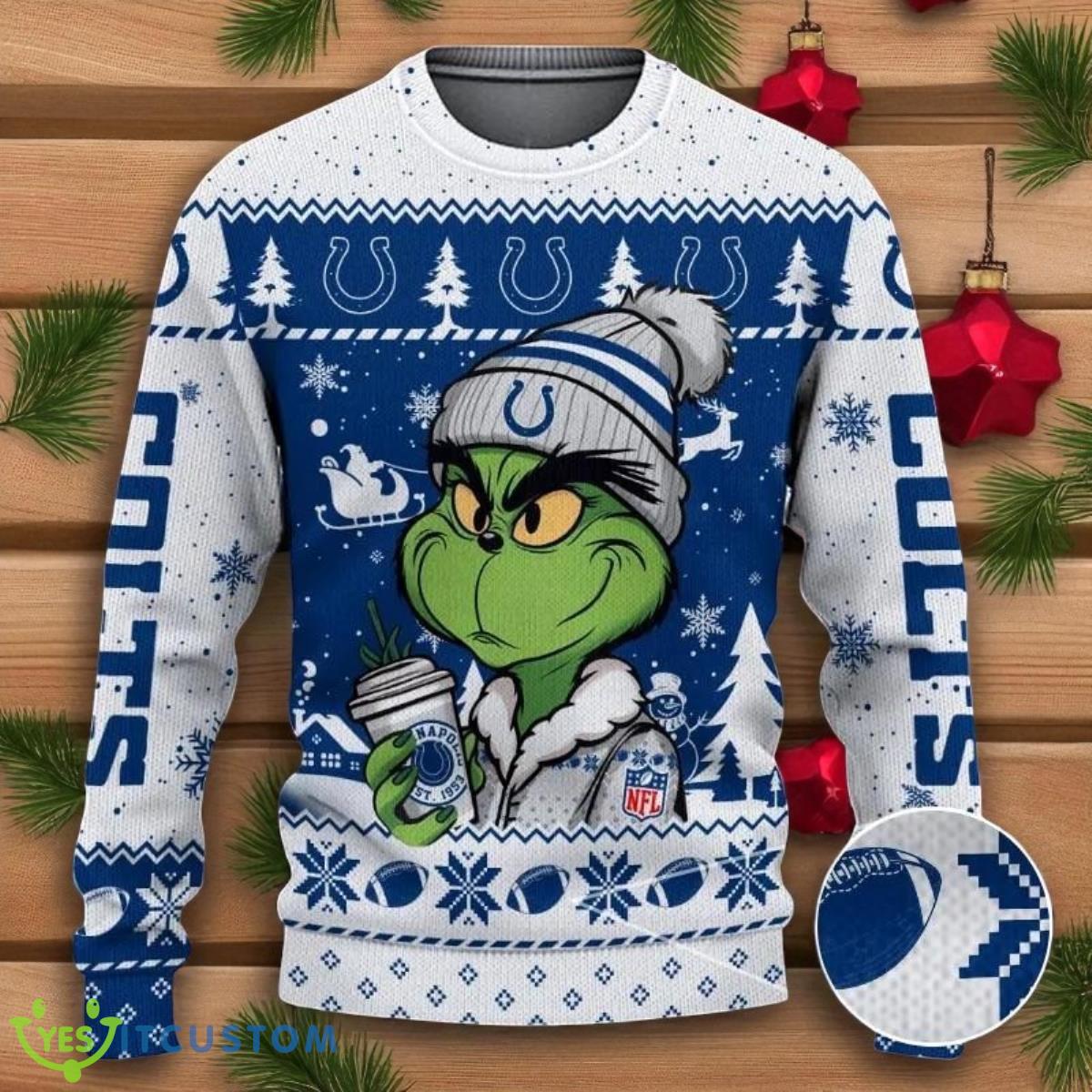 The Grinch Drink Coffee Indianapolis Colts Ugly Christmas Sweater NFL Fans Sport Christmas Sweater 2 The Grinch Drink Coffee Indianapolis Colts Ugly Christmas Sweater NFL Fans Sport Christmas Sweater Product Photo 1