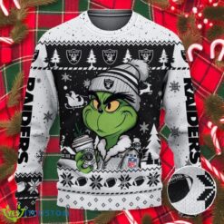The Grinch Drink Coffee Las Vegas Raiders Ugly Christmas Sweater NFL Fans Sport Christmas Sweater Product Photo 1