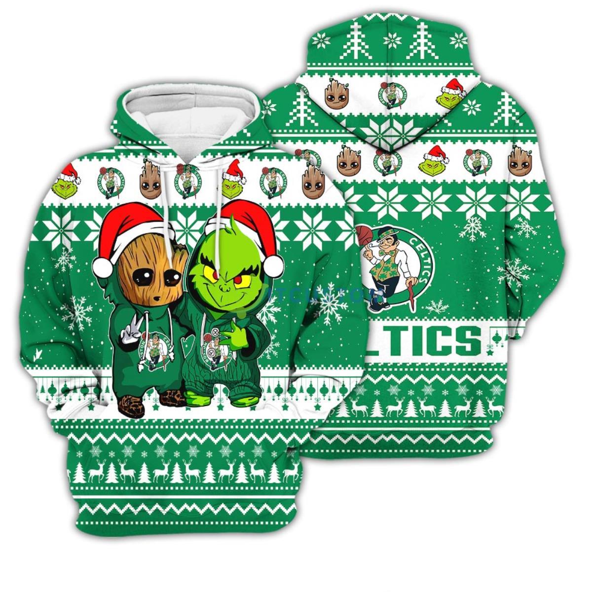 Boston Celtics Baby Groot And Grinch Best Friends 3D Pullover Hoodie 9 Boston Celtics Baby Groot And Grinch Best Friends 3D Pullover Hoodie Product Photo 2