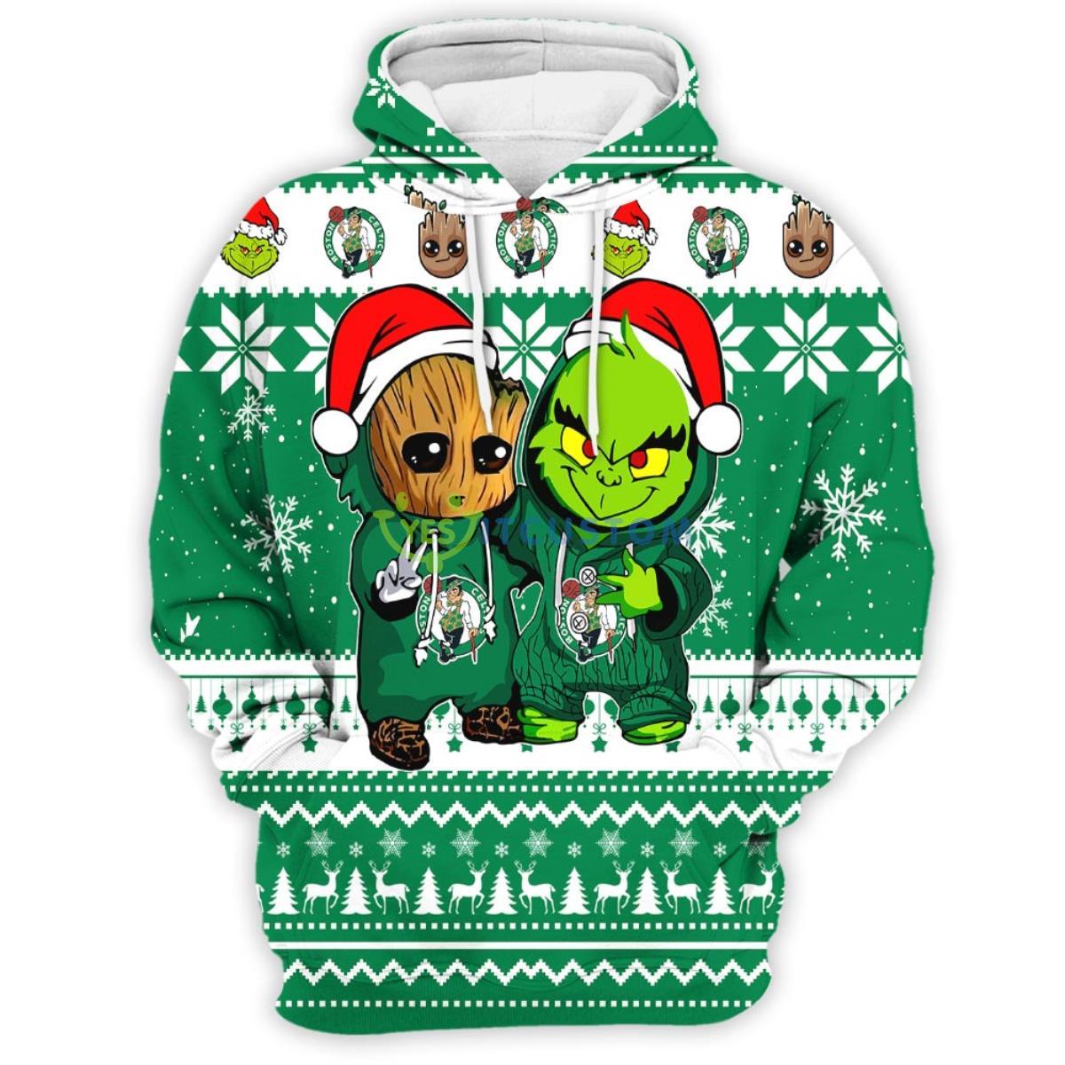 Boston Celtics Baby Groot And Grinch Best Friends 3D Pullover Hoodie 3 Boston Celtics Baby Groot And Grinch Best Friends 3D Pullover Hoodie Product Photo 3