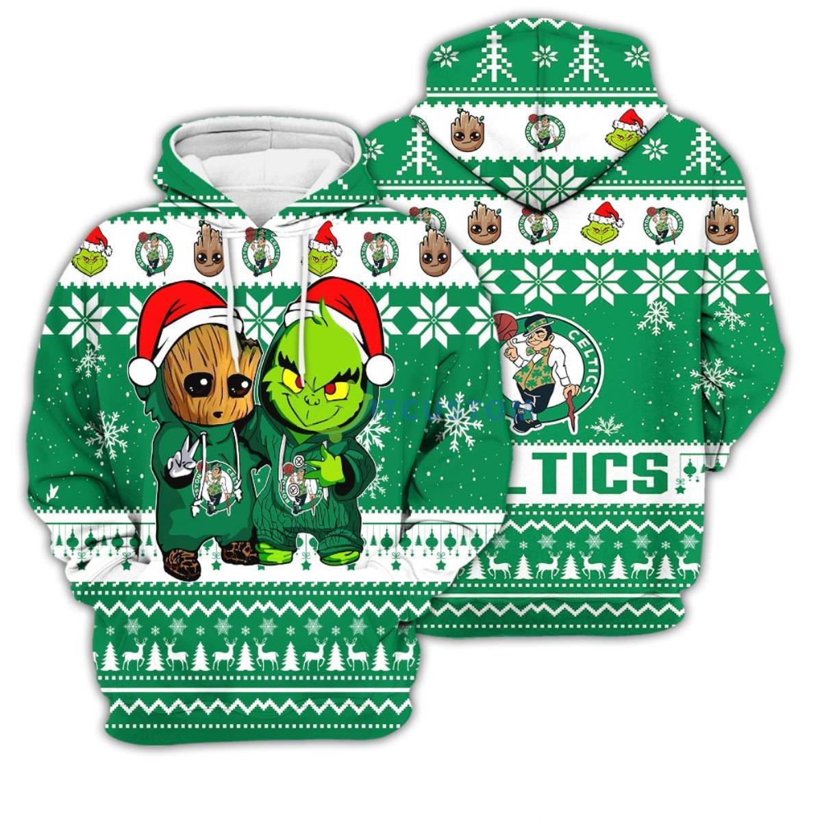 Boston Celtics Baby Groot And Grinch Best Friends 3D Pullover Hoodie 8 Boston Celtics Baby Groot And Grinch Best Friends 3D Pullover Hoodie Product Photo 1